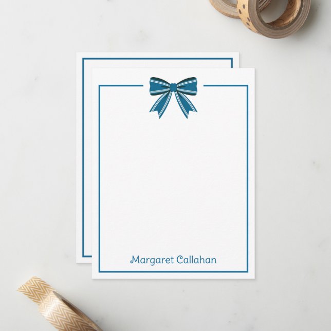 Preppy Blue and White Bow Personalised Card (Front/Back In Situ)