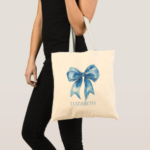 Preppy Blue and White Bow Personalised Tote Bag
