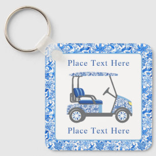 Preppy Blue and White Flowers Golf Cart Key Ring