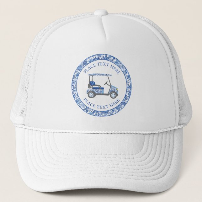 Preppy Blue and White Flowers Golf Cart Trucker Hat (Front)