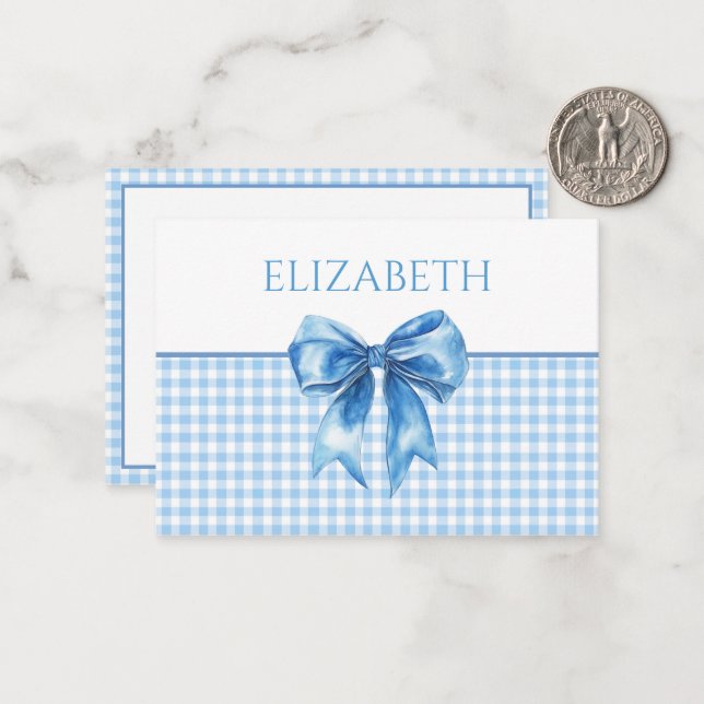 Preppy Blue and White Gingham and Bow Card (Front/Back In Situ)
