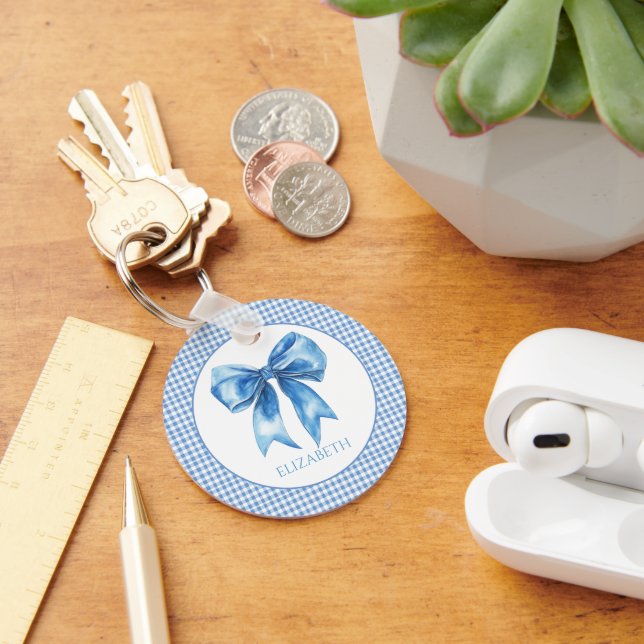 Preppy Blue and White Gingham and Bow Key Ring (Desk)