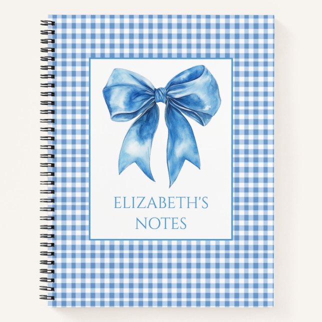 Preppy Blue and White Gingham and Bow Notebook (Front)