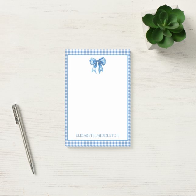 Preppy Blue and White Gingham and Bow Post-it Notes (Office)