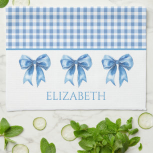 Preppy Blue and White Gingham and Bow Tea Towel