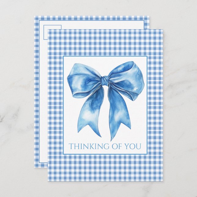 Preppy Blue and White Gingham Plaid and Bow Postcard (Front/Back)