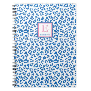 Preppy Blue And White Leopard Print Monogrammed Notebook