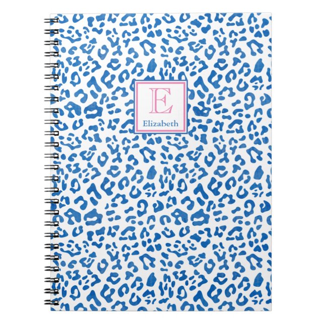 Preppy Blue And White Leopard Print Monogrammed Notebook (Front)