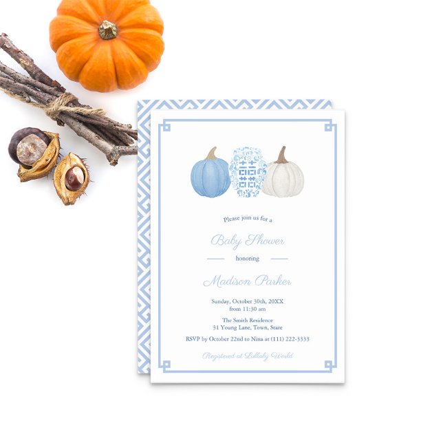 Preppy Blue And White Pumpkin Autumn Baby Shower Invitation (Baby Shower: Pale Blue & White Pumpkins with blue & white ginger jar and Greek Key pattern reverse )