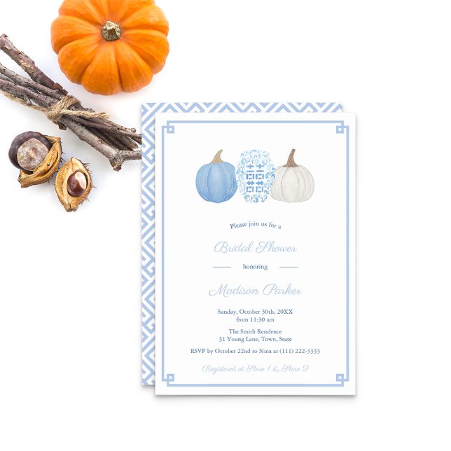 Preppy Blue And White Pumpkin Autumn Bridal Shower Invitation (Preppy Light Blue And White Pumpkin With Ginger Jar Bridal Shower Invitation)