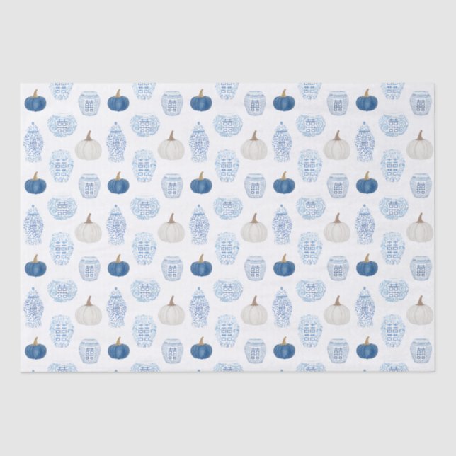 Preppy Blue And White Pumpkins Ginger Jars Fall Tissue Paper (Front)