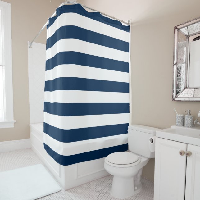 Preppy Blue and White Stripes Shower Curtain (In Situ)