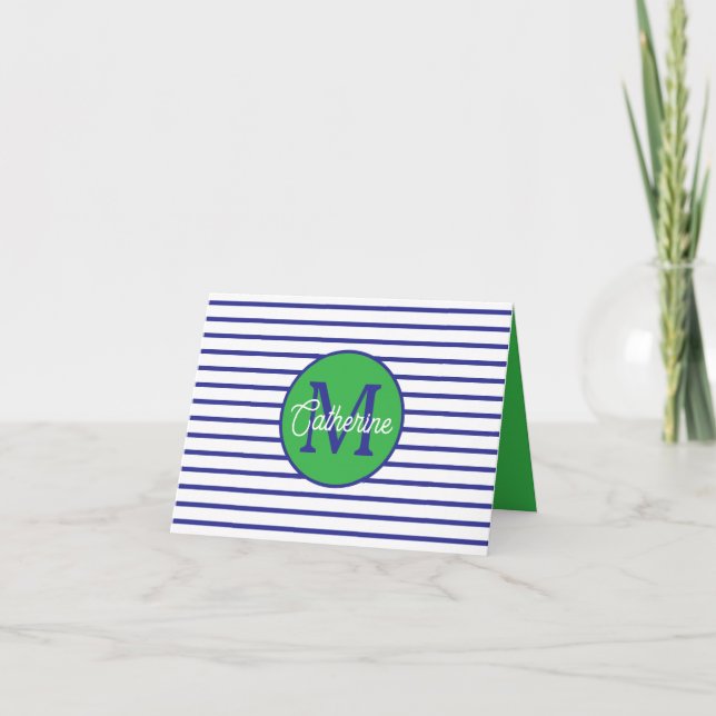 Preppy Blue and White Stripes With Green Monogram Note Card (Front)