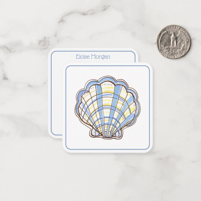 Preppy Blue and Yellow Plaid Scallop Seashell Card (Front/Back In Situ)
