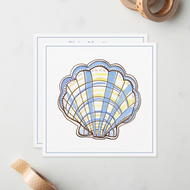 Preppy Blue and Yellow Plaid Scallop Seashell Card (Front/Back In Situ)