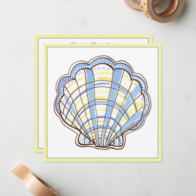 Preppy Blue and Yellow Plaid Scallop Seashell Card (Front/Back In Situ)