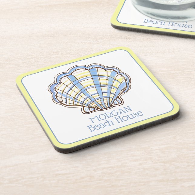 Preppy Blue and Yellow Plaid Scallop Seashell Coaster (Left Side)