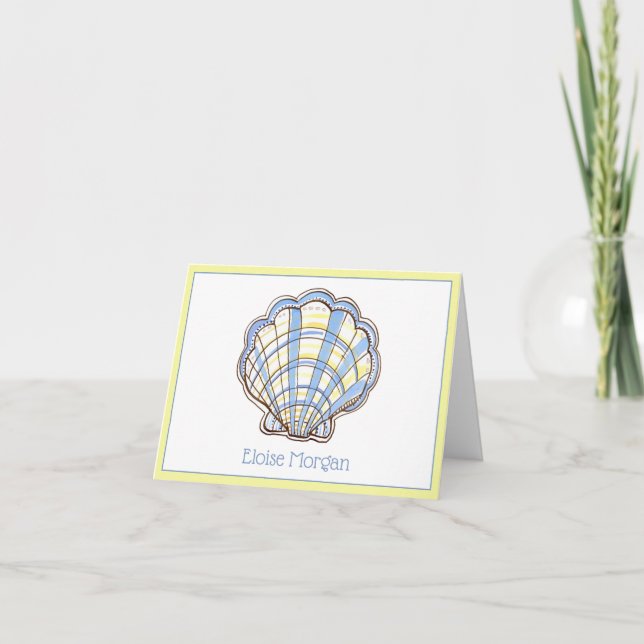 Preppy Blue and Yellow Plaid Scallop Seashell Note Card (Front)