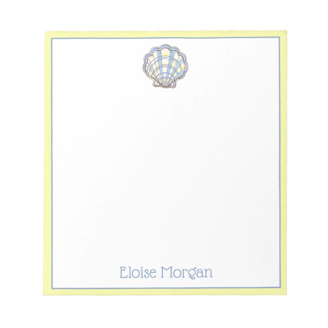Preppy Blue and Yellow Plaid Scallop Seashell Notepad (Front)