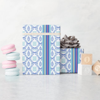 Preppy Blue Aqua Greek Key Ginger Jar Bow Wrapping Paper