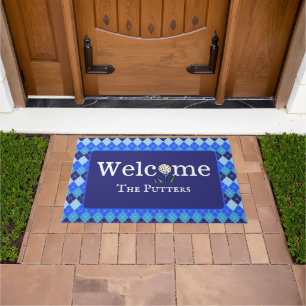Preppy Blue Argyle Personalised Golf Tee Welcome Doormat