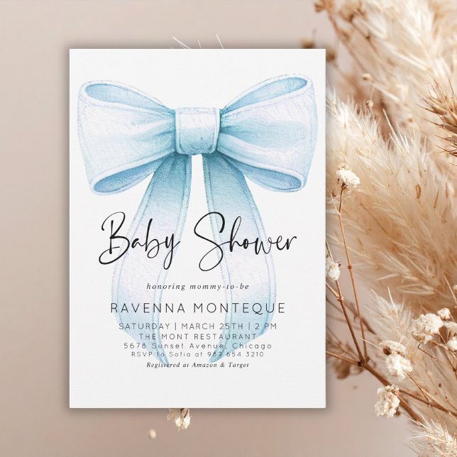 Preppy Blue Bow Clean Personalised Baby Shower  Invitation (Creator Uploaded)