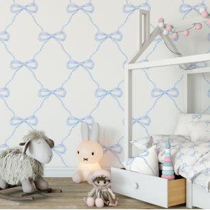 Preppy Blue Bow Grandmillennial Style Wallpaper