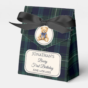 Preppy Blue Bow Teddy Bear Tartan Birthday Favour Box