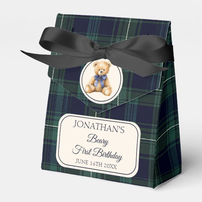 Preppy Blue Bow Teddy Bear Tartan Birthday  Favour Box (Front Side)