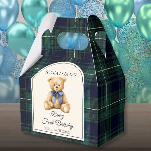 Preppy Blue Bow Teddy Bear Tartan Birthday Favour Box