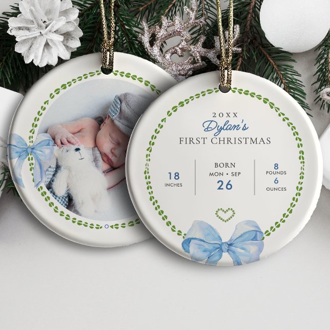 Preppy Blue Bows Baby's First Christmas Photo Ceramic Ornament (Creator Uploaded)