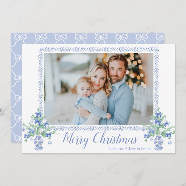 Preppy Blue Chinoiserie Christmas Tree Ginger Jars Holiday Card (Front/Back)