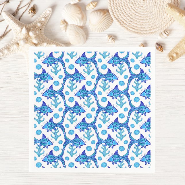 Preppy Blue Fish Pattern Coastal Style Napkin (Creator Uploaded)