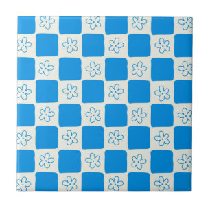 Preppy Blue Flower Chequered Pattern Ceramic Tile