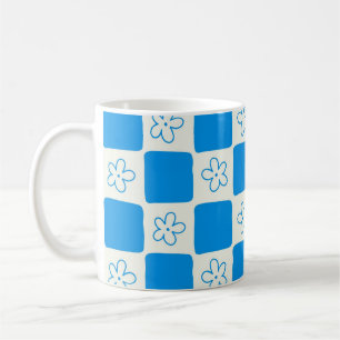 Preppy Blue Flower Chequered Pattern Coffee Mug
