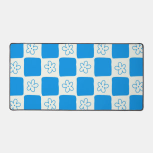 Preppy Blue Flower Chequered Pattern Desk Mat