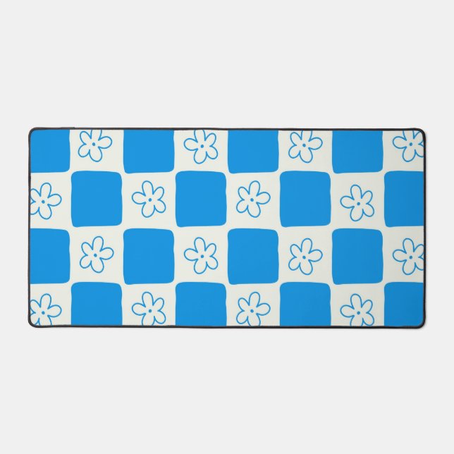 Preppy Blue Flower Chequered Pattern Desk Mat (Front)