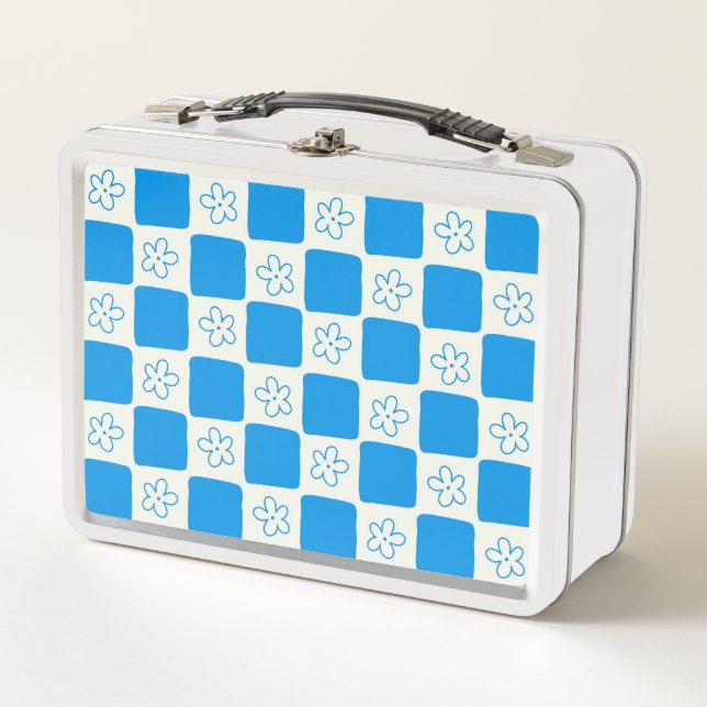 Preppy Blue Flower Chequered Pattern Metal Lunch Box (Front)