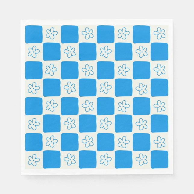 Preppy Blue Flower Chequered Pattern Napkin (Front)