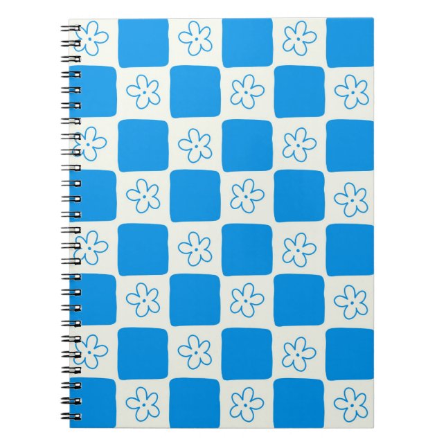 Preppy Blue Flower Chequered Pattern Notebook (Front)