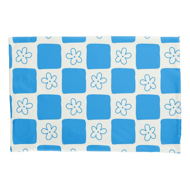 Preppy Blue Flower Chequered Pattern Pillowcase (Front)