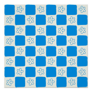 Preppy Blue Flower Chequered Pattern Poster