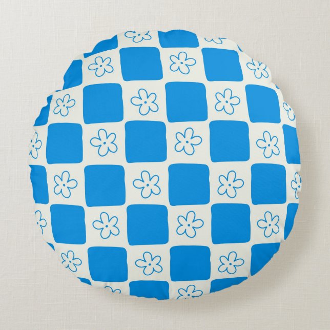 Preppy Blue Flower Chequered Pattern Round Cushion (Front)