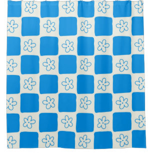 Preppy Blue Flower Chequered Pattern Shower Curtain