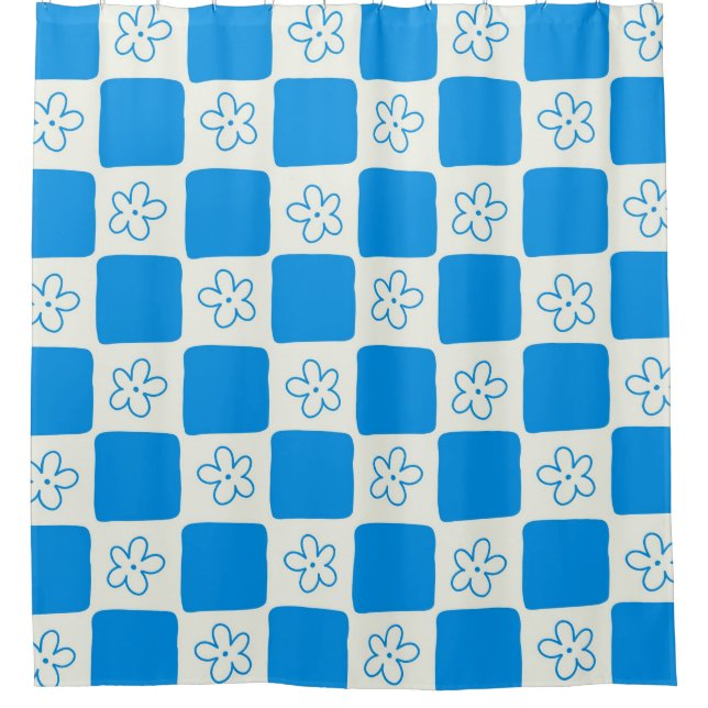 Preppy Blue Flower Chequered Pattern Shower Curtain (Front)