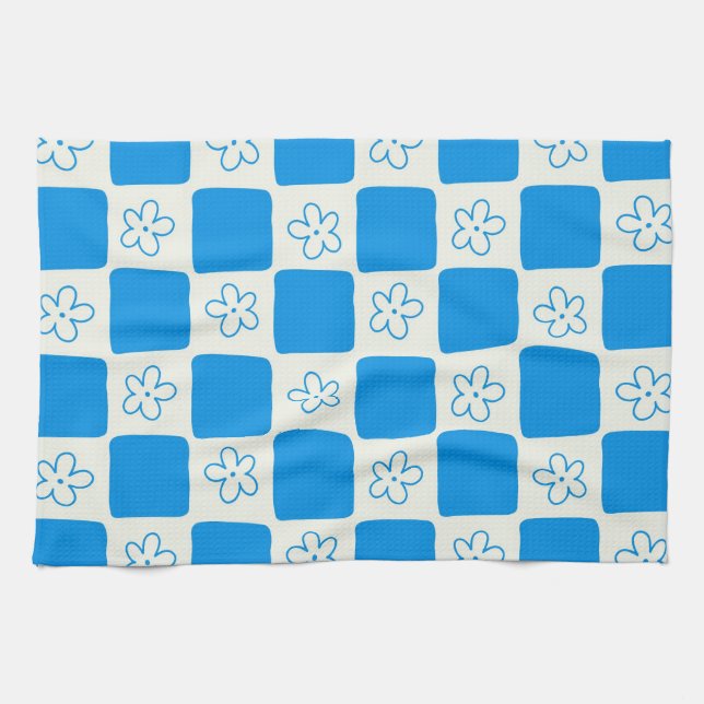 Preppy Blue Flower Chequered Pattern Tea Towel (Horizontal)