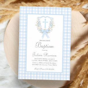 Preppy Blue Gingham Boy Baptism Invitation