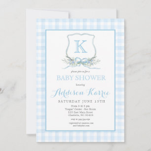 Preppy Blue Gingham Crest Baby Shower Invitation