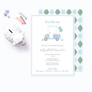 Preppy Blue Green Golf Cart Baby Boy Shower Invitation