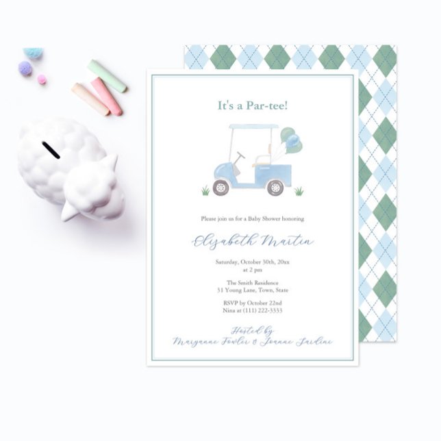 Preppy Blue Green Golf Cart Baby Boy Shower Invitation (it's a golf theme baby shower par-tee with pale blue golf cart and blue green diamond argyle pattern)